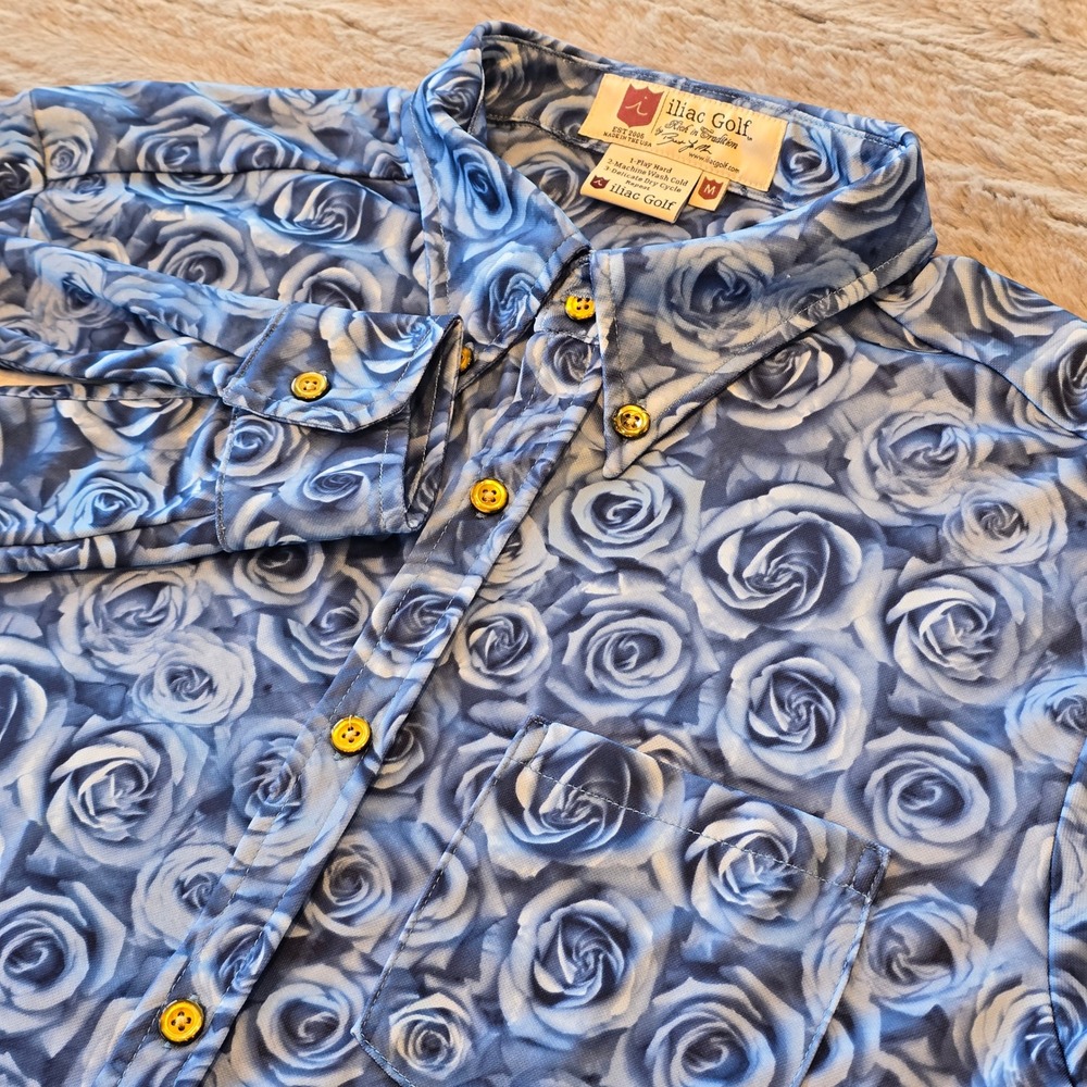 Iliac Golf Mens Blue Rose Floral Performance Shirt Long Sleeve Button Down M